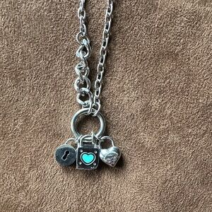 Silver Necklace with Heart and Lock Charms